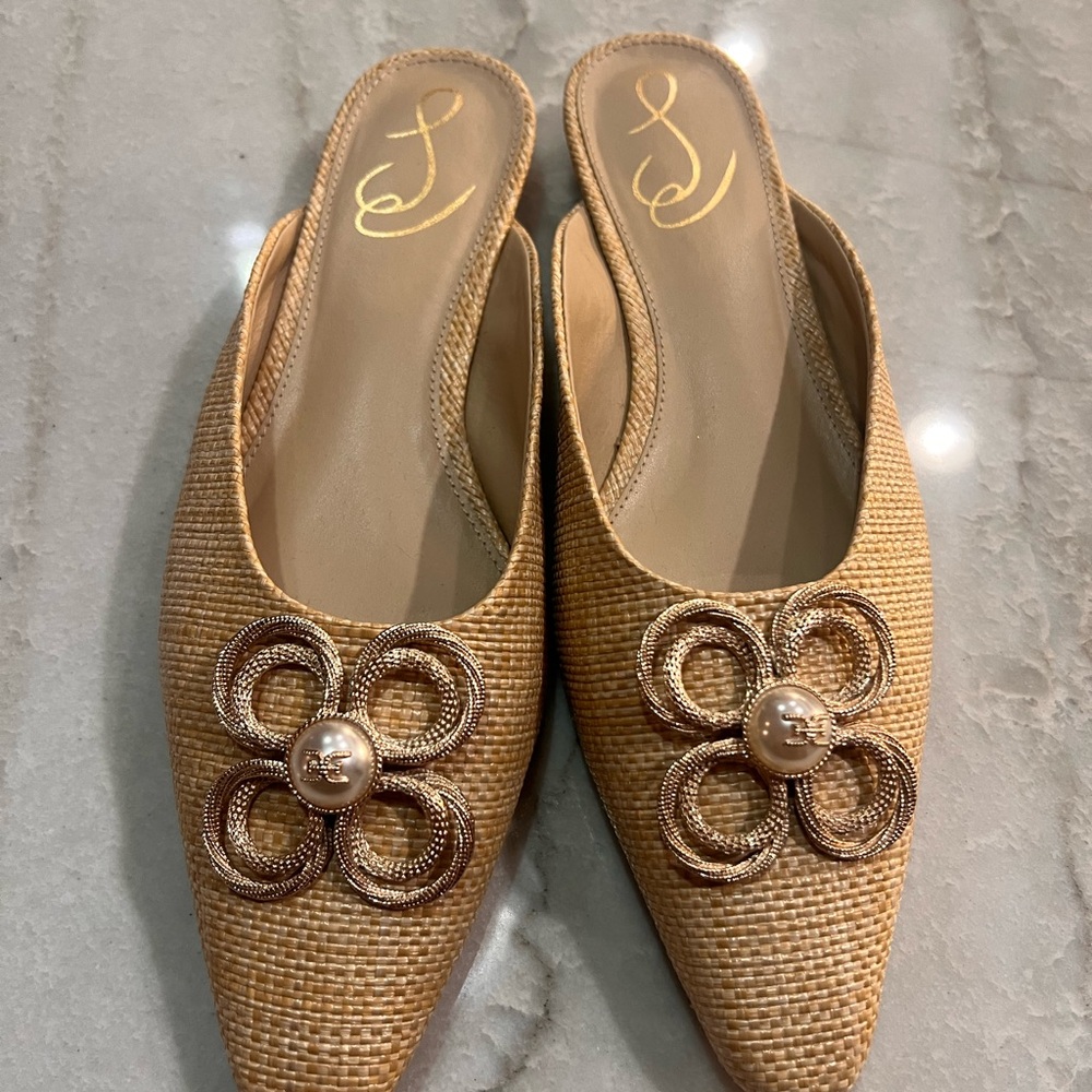 Sam Edelman Tan Mules with Floral Embellishment